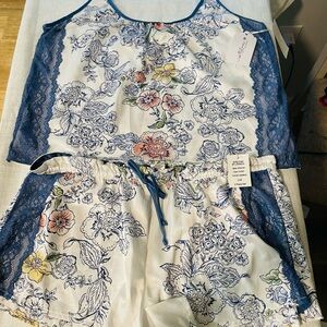 Floral Lace Trim Pajama Set - Blue and White